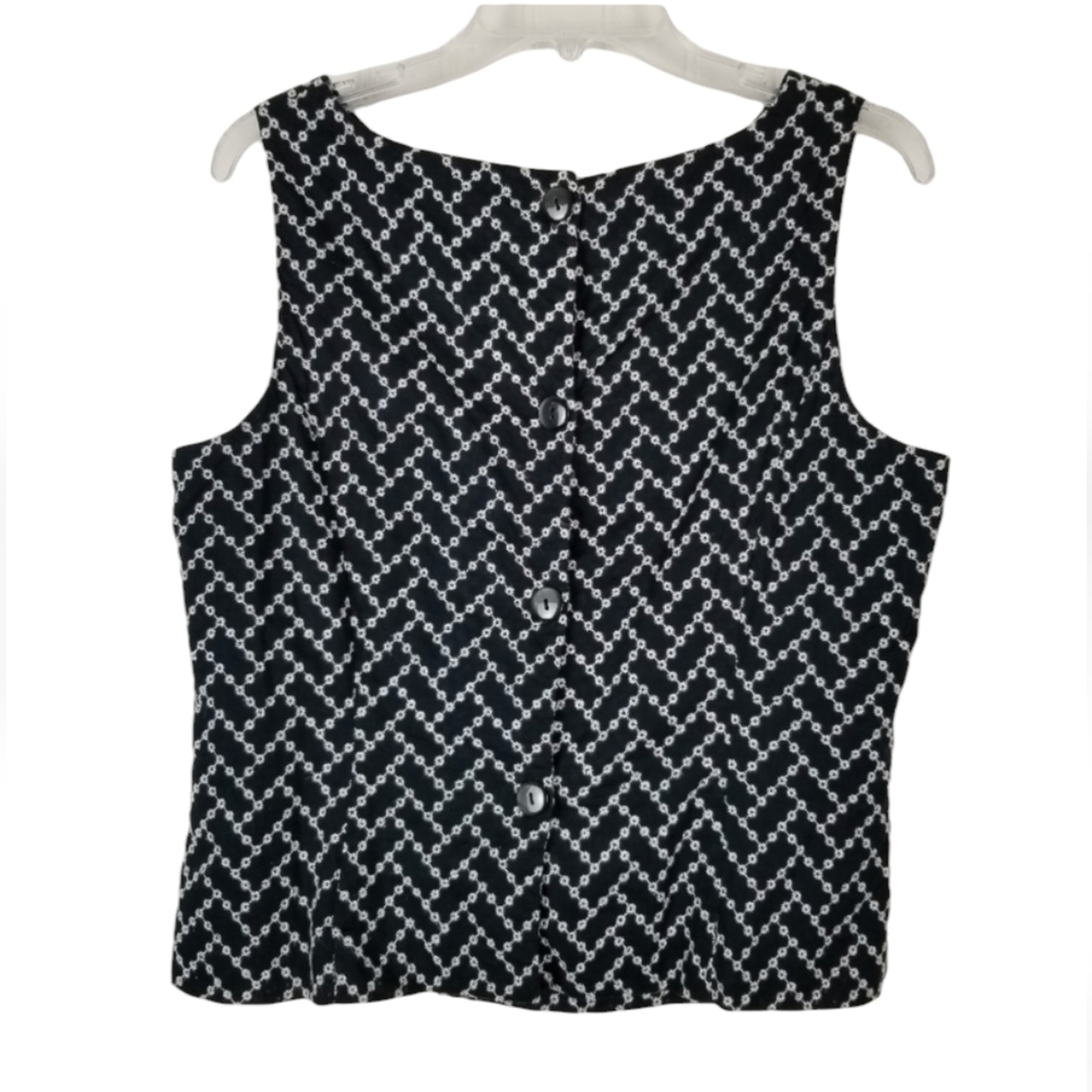 Jones New York Embroidered  Button Back Sleeveless Button Top Large Black White